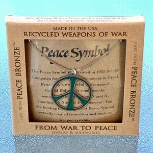 Peace Sign Necklace Bronze and Green Enamel on Adjustable Fiber Cord